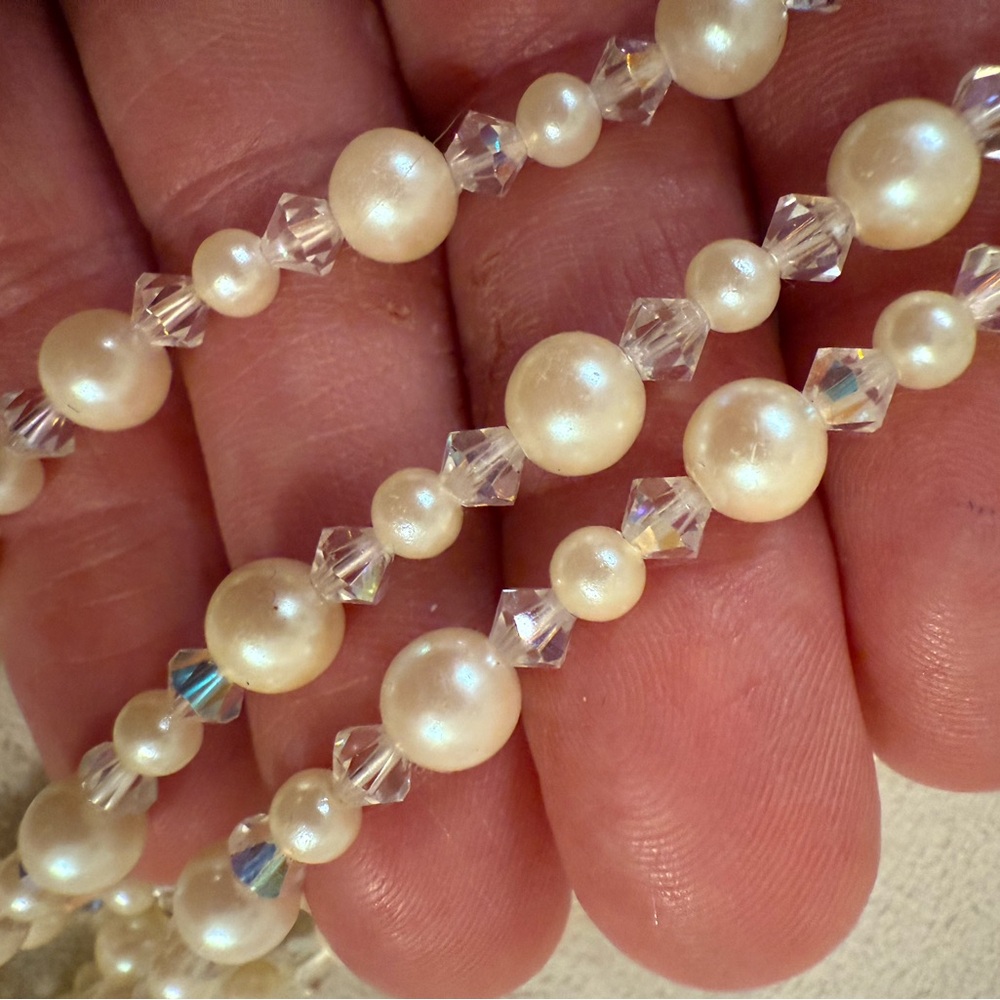 Triple strand pearl and crystal necklace w/ adjuster
